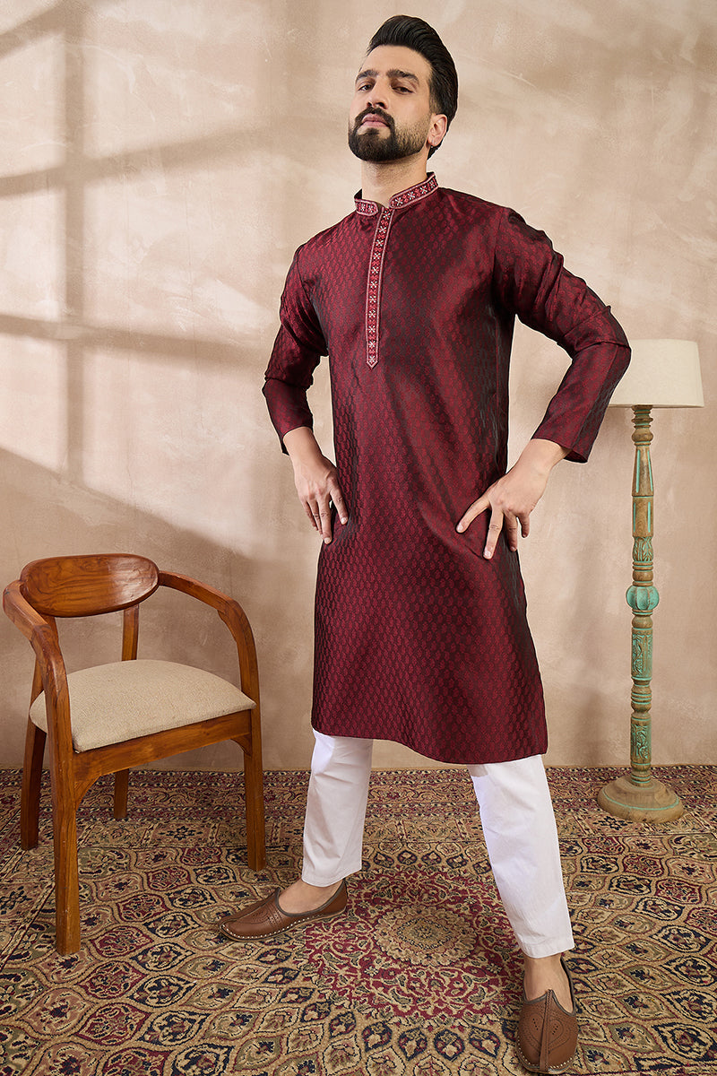 Maroon Silk Blend Solid Woven Design Straight Kurta
