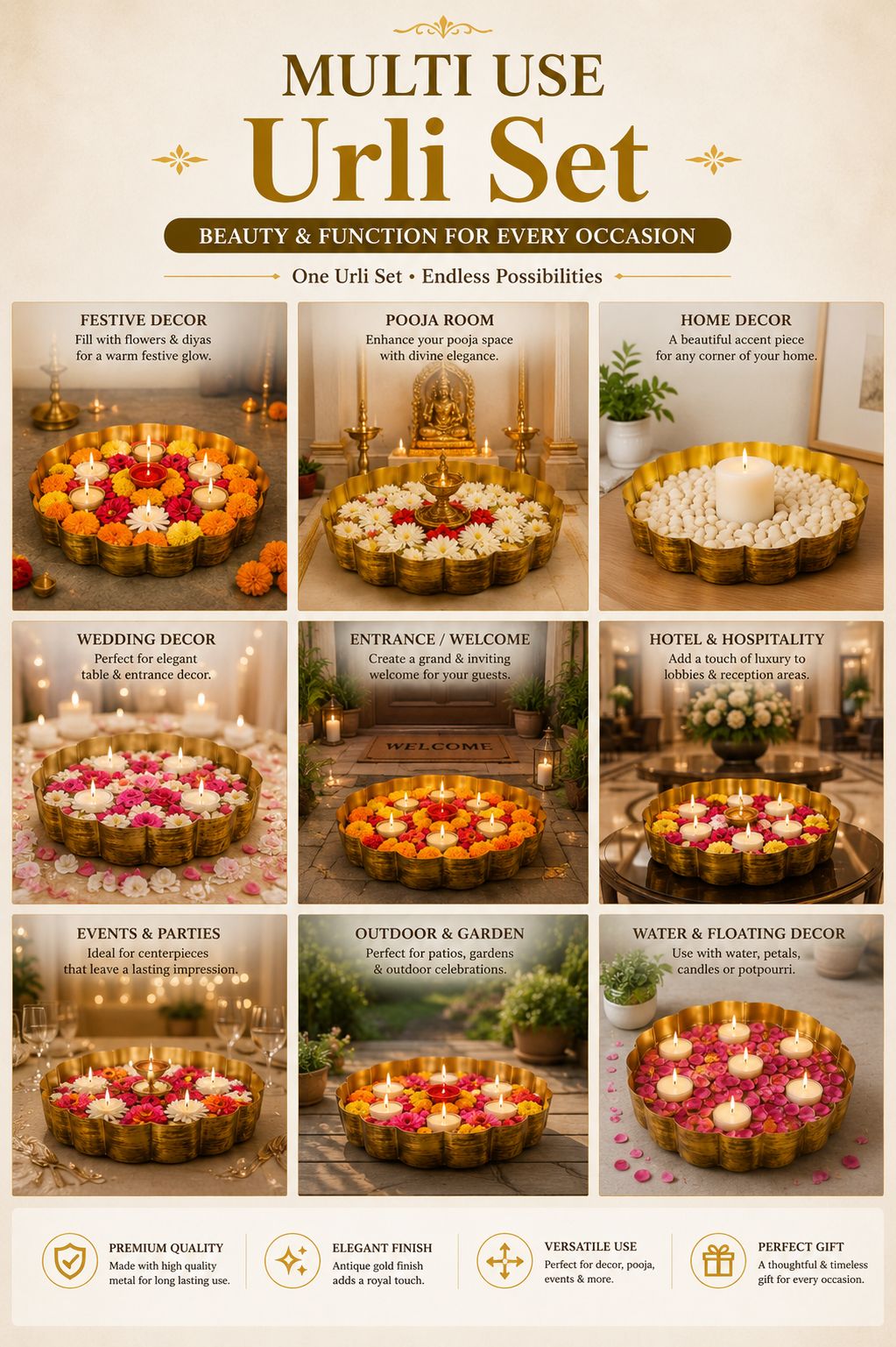 premium decorative urli bowl set of 3 embossed hammered metal floating flower bowls antique gold finish for diyas candles pooja diwali weddings festivals home decor