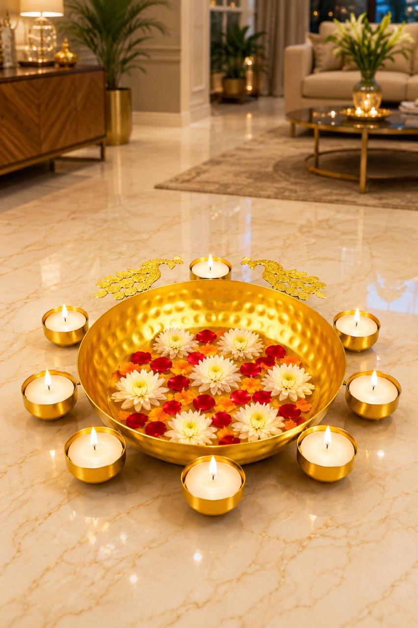 premium peacock urli bowl with 8 tealight holders decorative metal floating flower urli for water candles tea lights traditional pooja bowl for diwali wedding home festive decoration