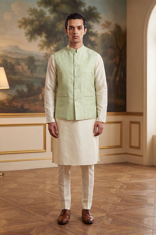 Mens Green Jacquard Woven Design Solid Koti