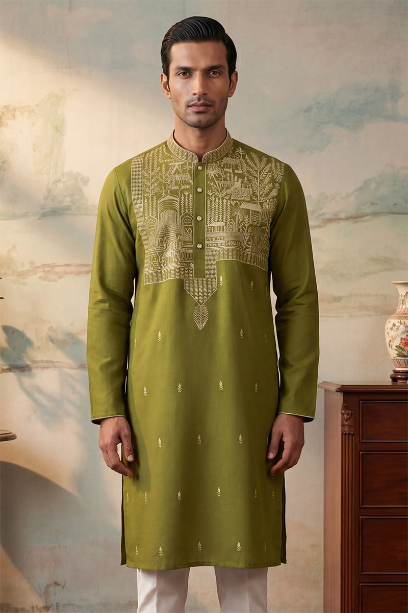 Mens Green Silk Blend Solid Emboidered Straight Kurta