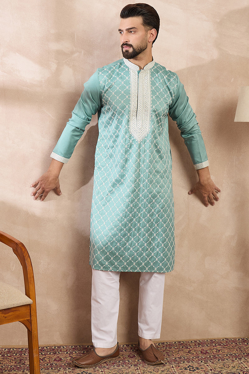 Teal Silk Blend Geometric Embroidered Straight Kurta With Trouser