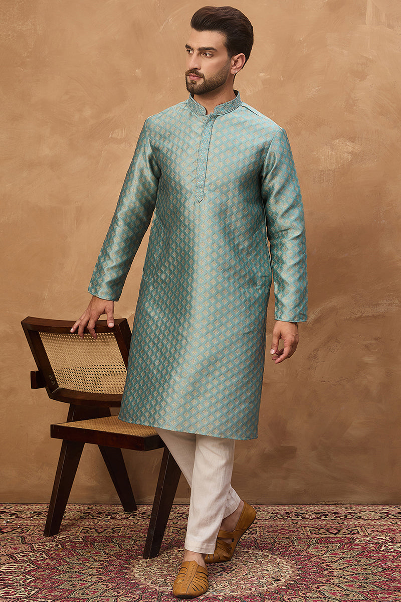 Blue Silk Blend Solid Woven Design Straight Kurta