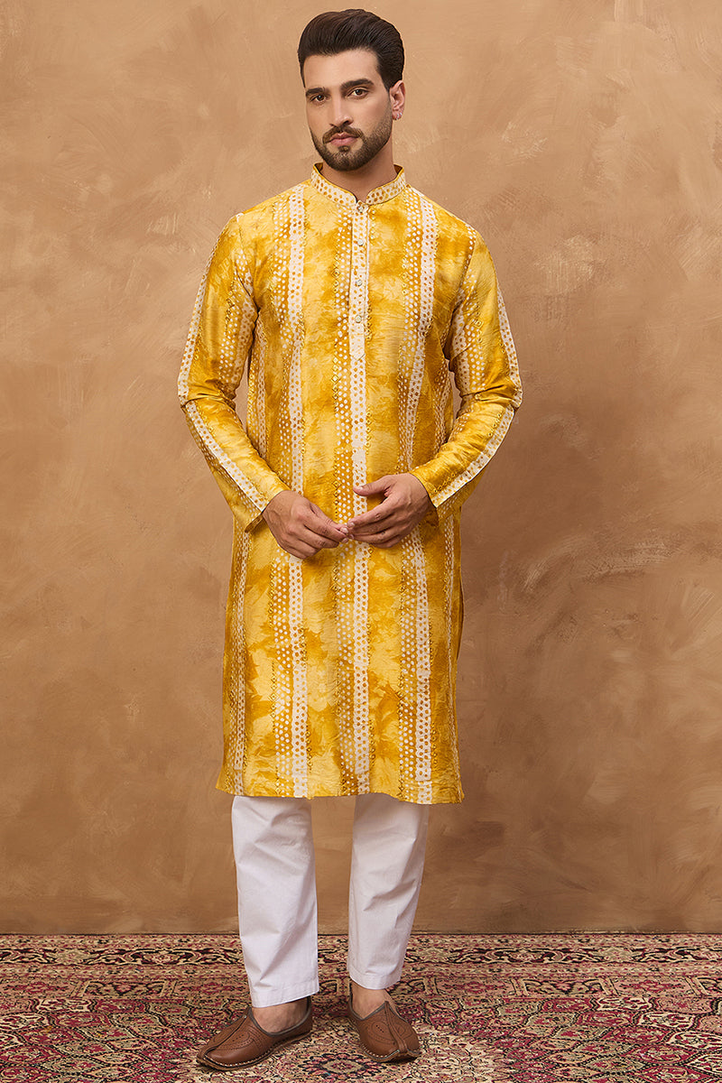 yellow silk blend shibori embroidered straight kurta