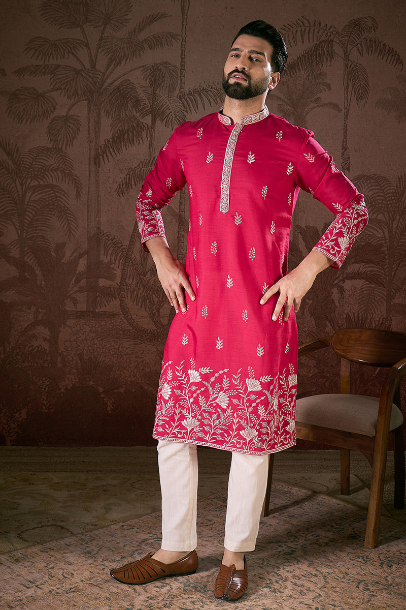Pink Silk Blend Solid Embroidered Straight Kurta With Trouser