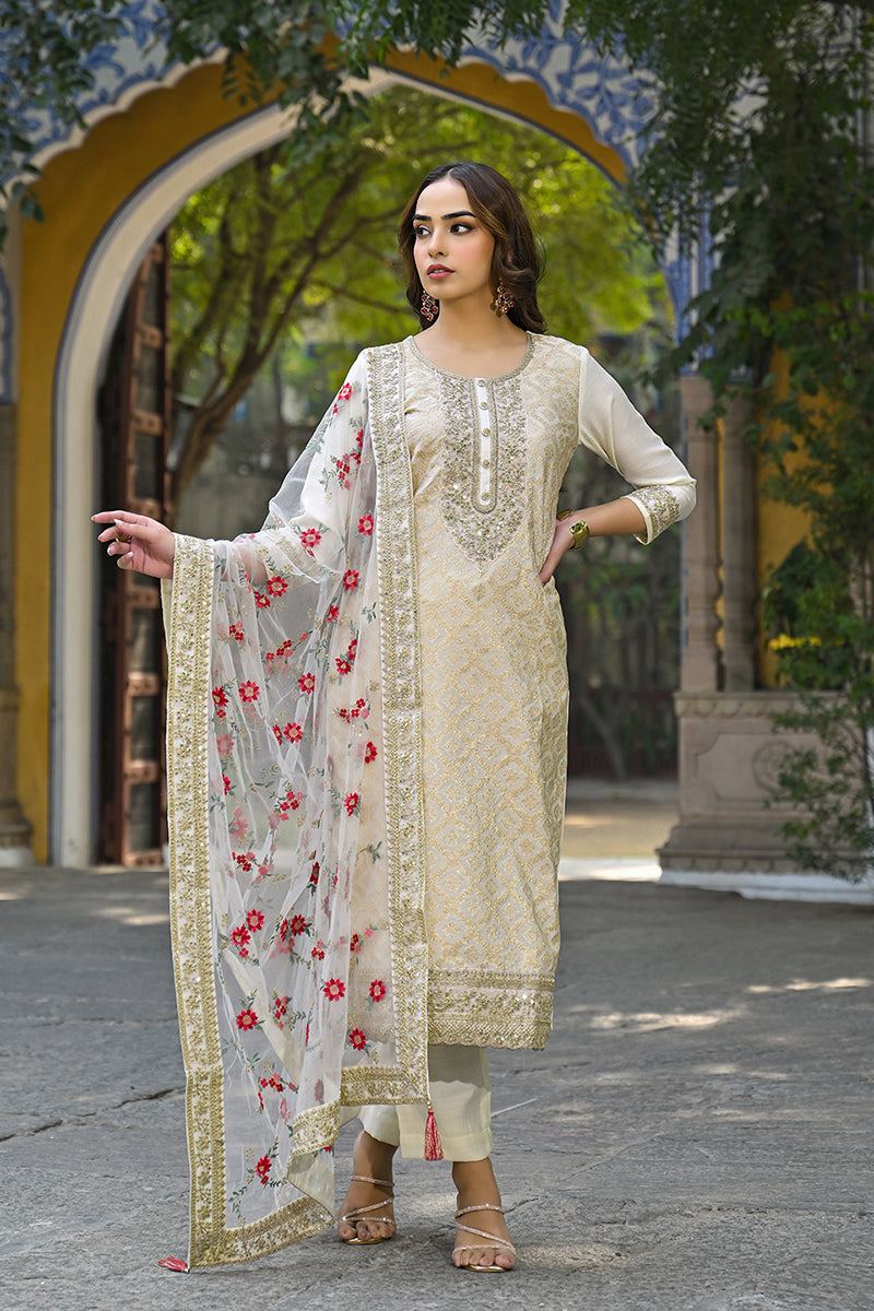 off white silk blend solid embroidered straight kurta trousers with dupatta