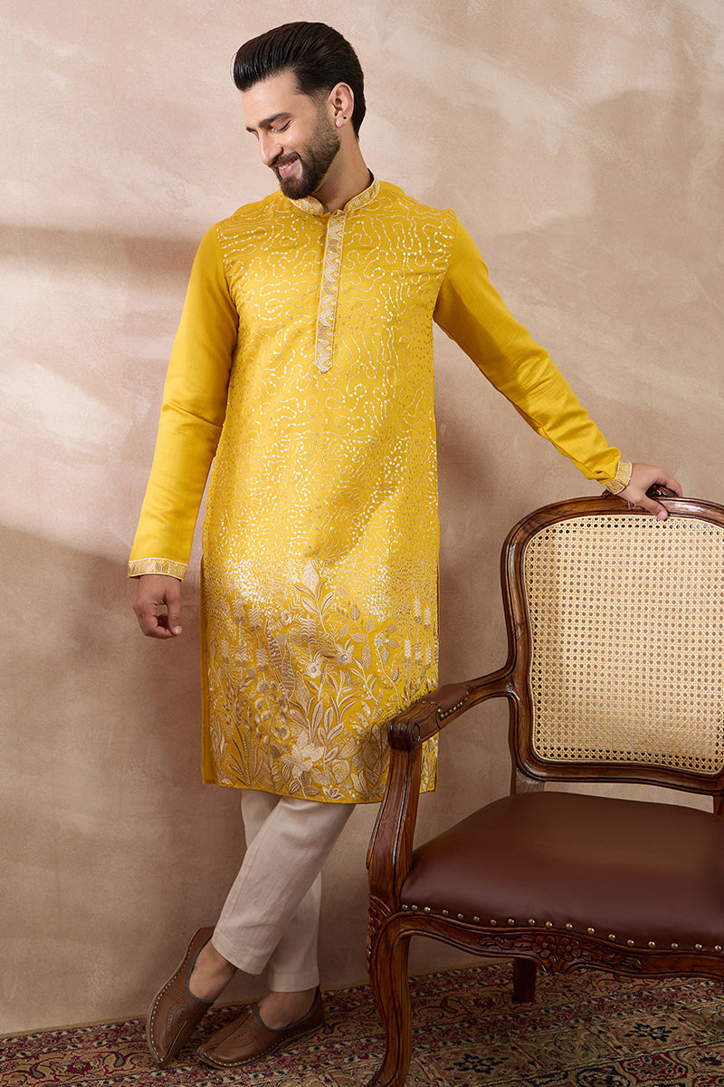 Yellow Silk Blend Embroidered Mandarin Collar Straight Kurta With Trouser