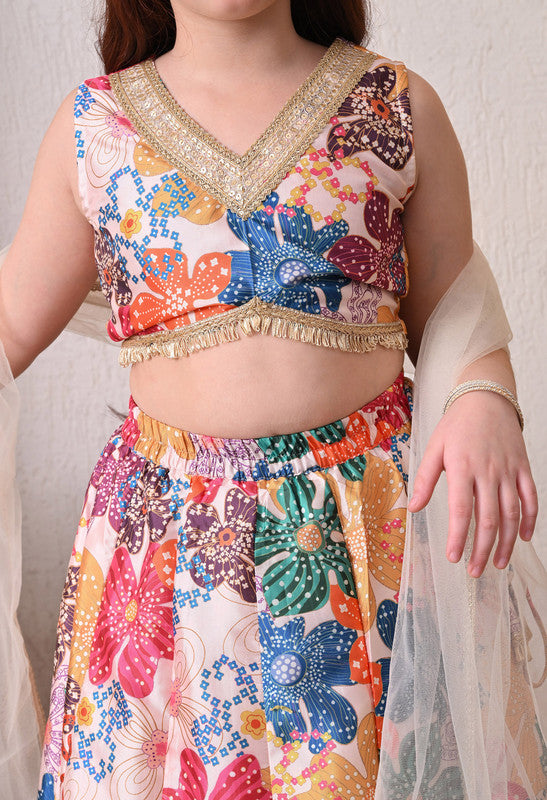 Indi Loom Couture Girls Cream Multi Floral Printed Lehenga Choli with Dupatta ILLCD33