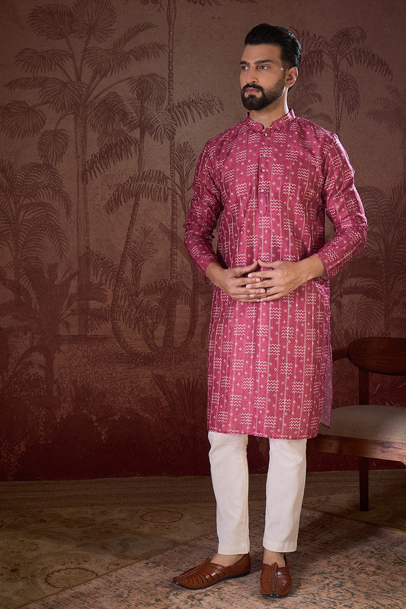 Pink Silk Blend Ethnic Motifs Printed Straight Kurta