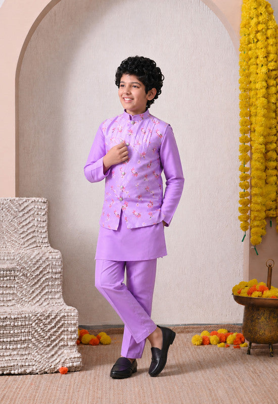 Indi Loom Couture Boys Lavender Plain  Kurta with Pyjama & Printed Nehru Jacket Set ILBKSJ19