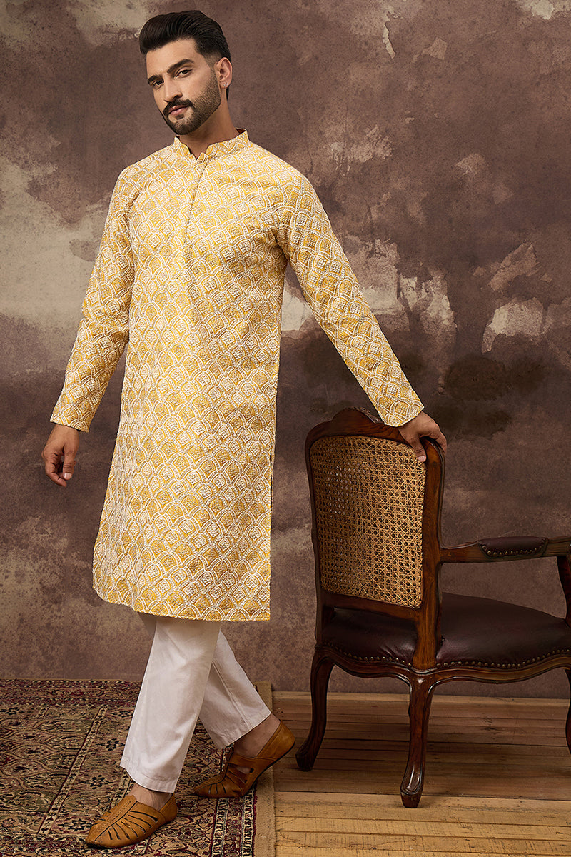 yellow viscose rayon solid embroidered straight kurta with trouser