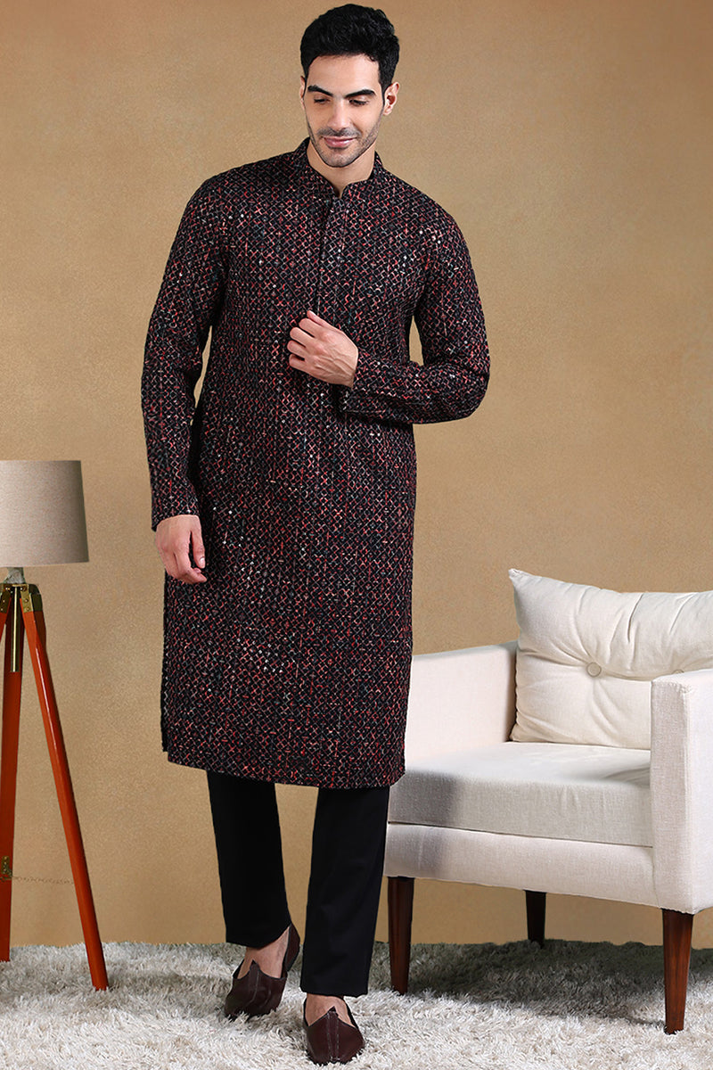 black viscose rayon ethnic motifs embroidered straight kurta for men