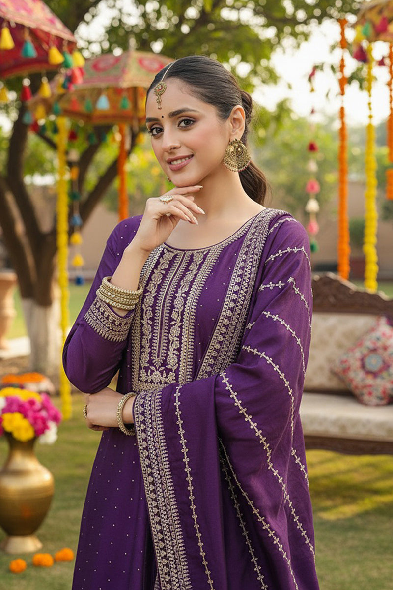purple silk blend straight kurta palazzo with dupatta pkskd1859