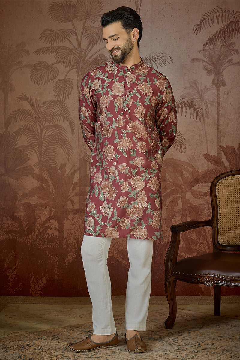 Mens Maroon Silk Blend Floral Printed Kurta With Trouser