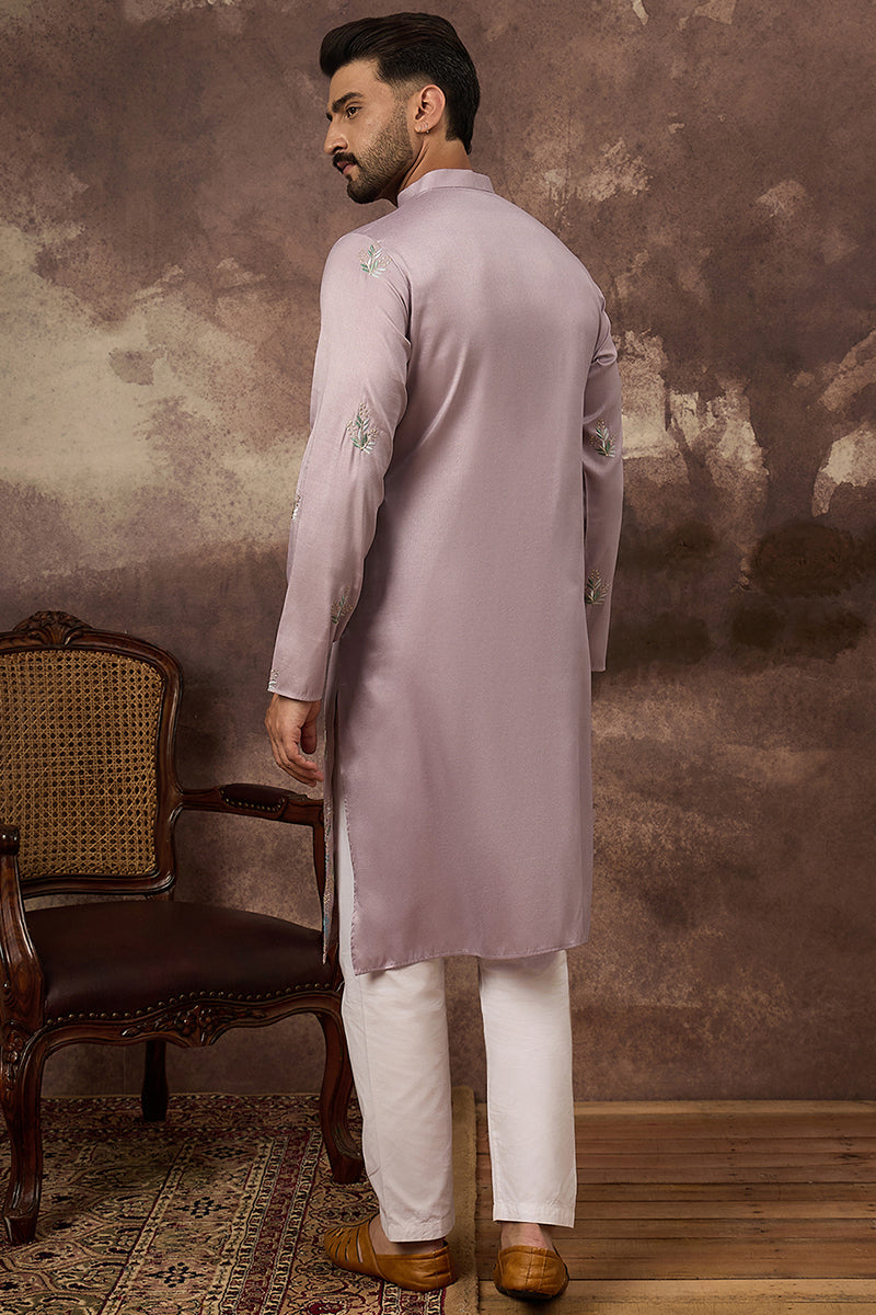 Lavender Silk Blend Solid Embroidered Straight Kurta
