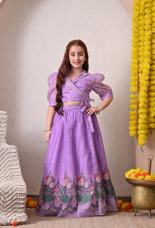 Indi Loom Couture Girls Lavender Printed Wrap Top with Flared Ethnic Skirt Co Ord Set ILLC49