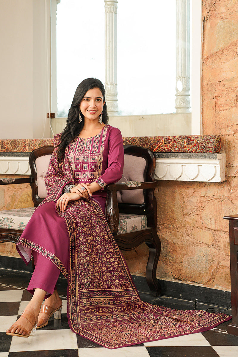 purple rayon blend ajrakh printed straight kurta trousers with dupatta 
