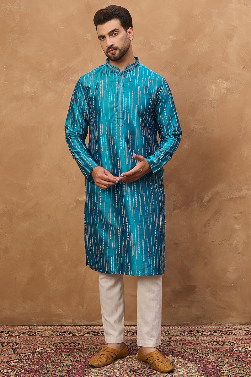 blue silk blend geometric printed straight kurta