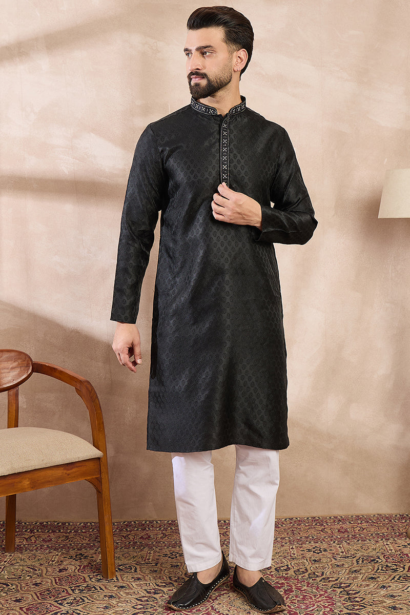 Black Silk Blend Solid Woven Design Straight Kurta MKU1854