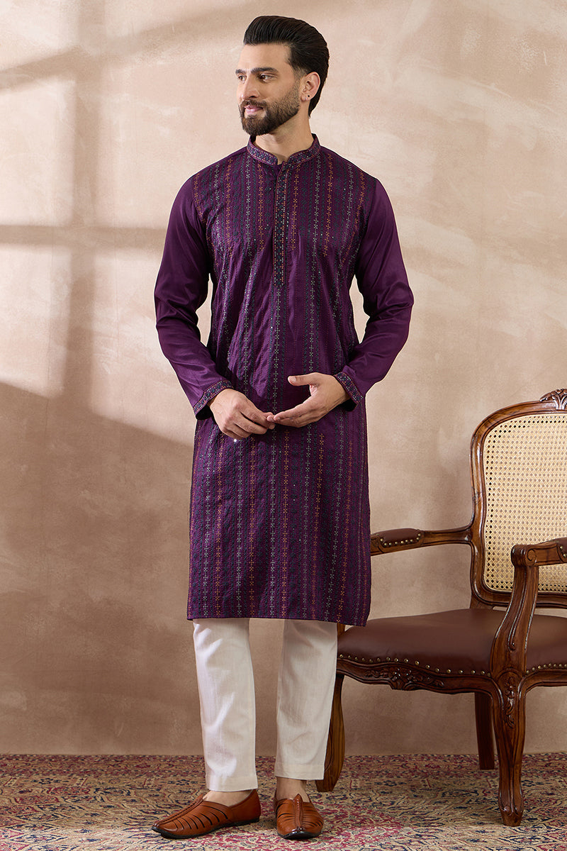 Purple Silk Blend Embroidered Mandarin Collar Straight Kurta