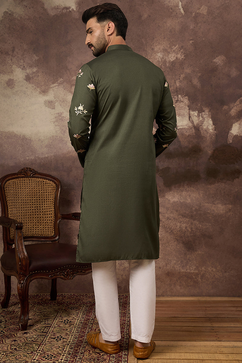 green silk blend solid embroidered straight kurta