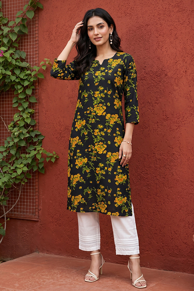 rayon black floral digital printed regular kurta vck9822