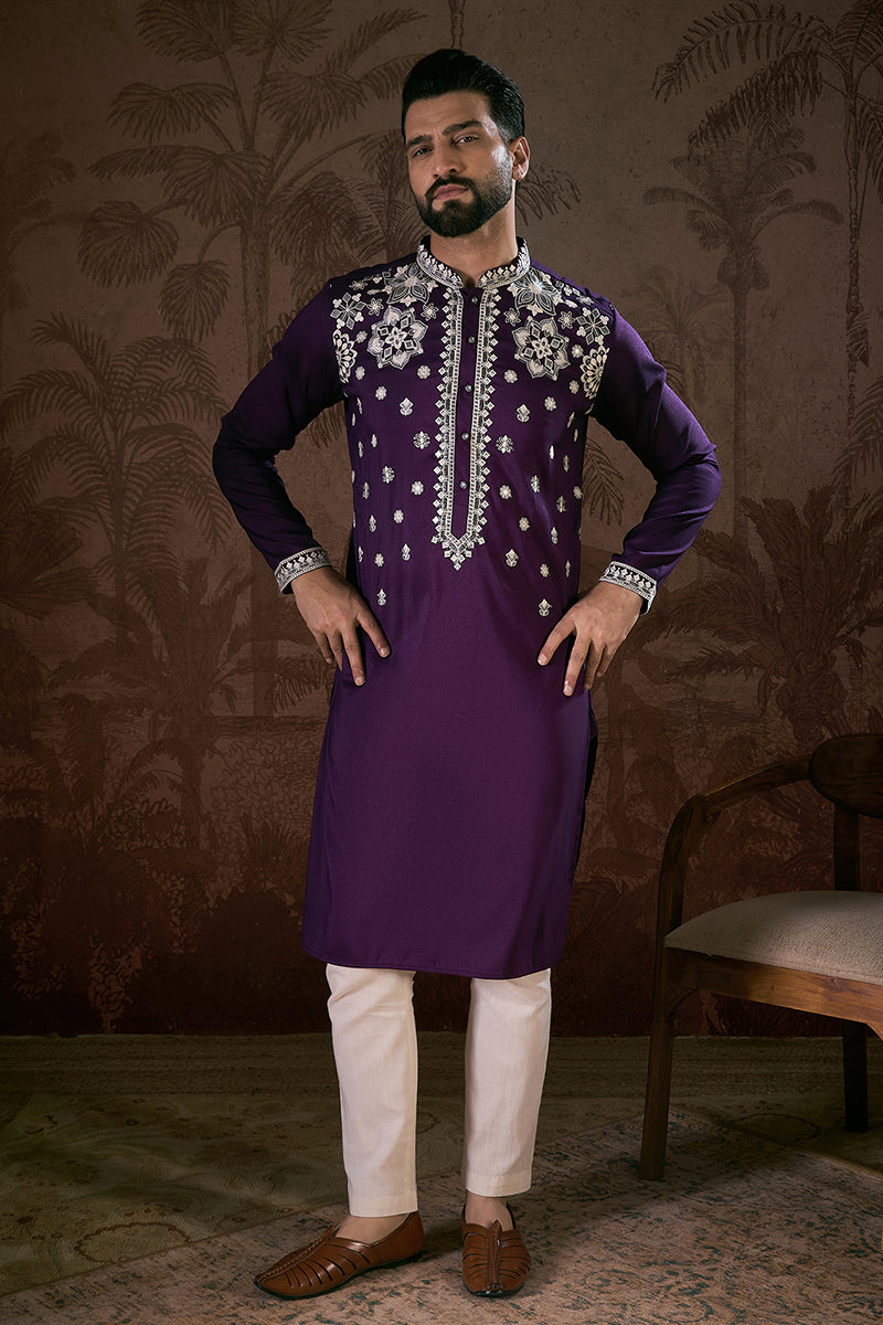 Purple Silk Blend Solid Embroidered Straight Kurta With Trouser