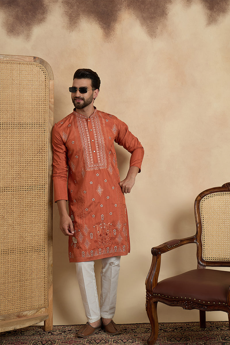 Mens Orange Silk Blend Solid Embroidered Straight Kurta With Trouser