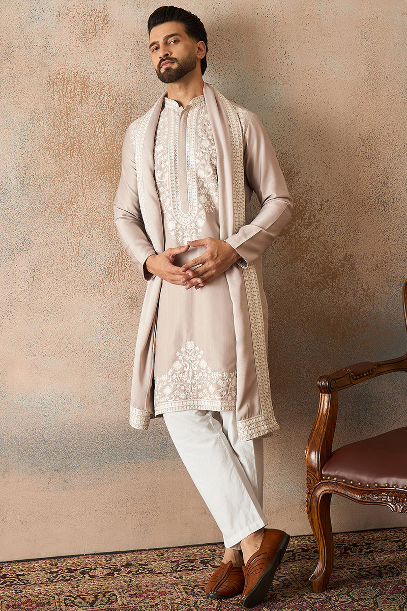 Mens Beige Silk Blend Solid Embroidered Kurta Trouser With Dupatta MKPD1042