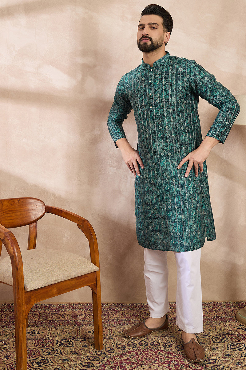 Green Silk Blend Ethnic Motifs Printed Straight Kurta