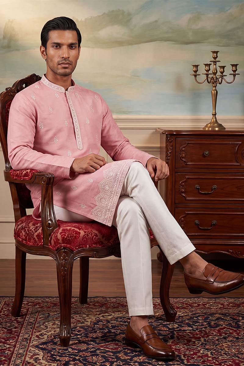 Silk Blend Pink Solid Embroidered Calf Length Straight Kurta With Trousers