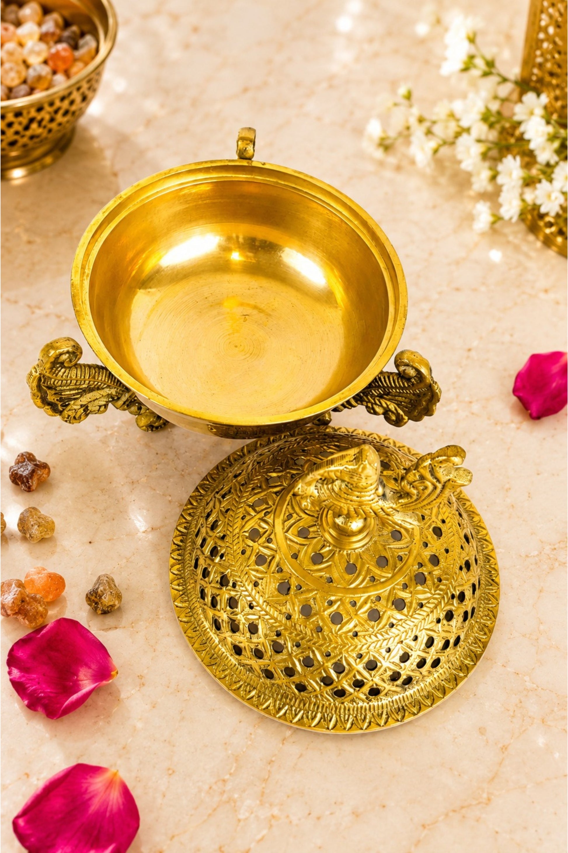 premium brass loban burner with peacock top handcrafted brass dhoop dani for loban sambrani cups dhoop bakhoor resin incense decorative pooja dhuni burner for home temple meditation