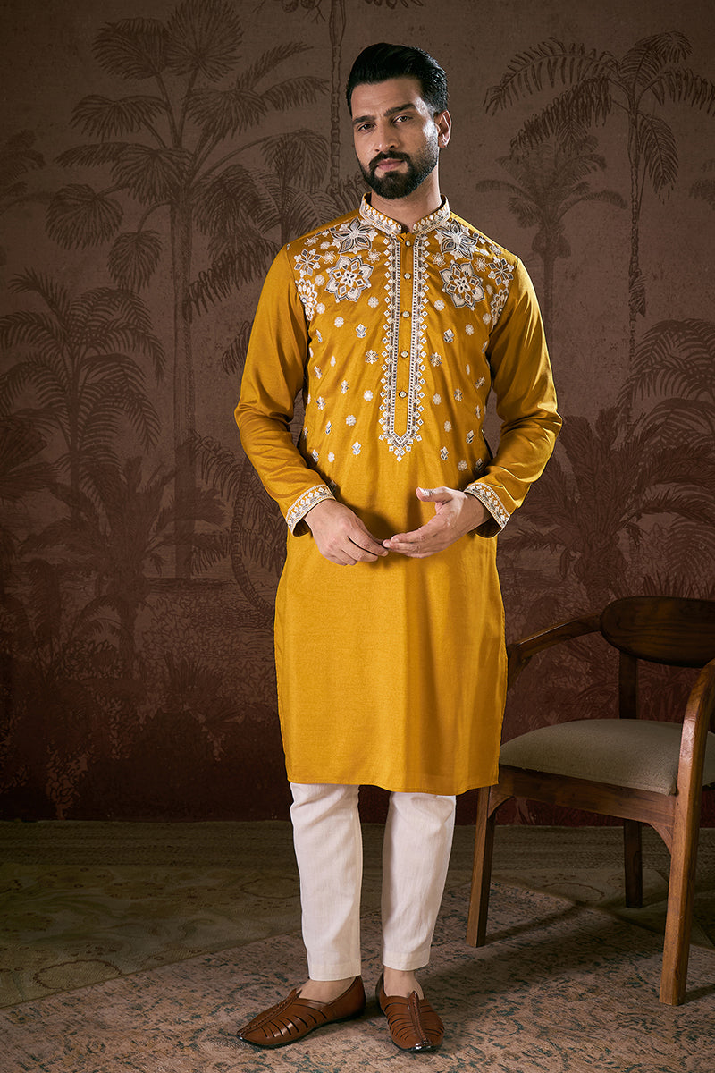 Mustard Silk Blend Solid Embroidered Straight Kurta