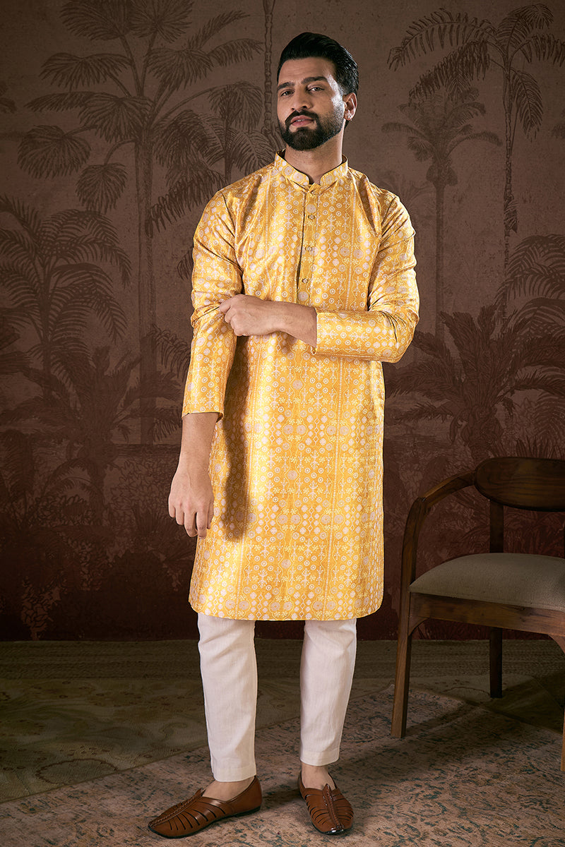 Yellow Silk Blend Floral Printed Straight Kurta