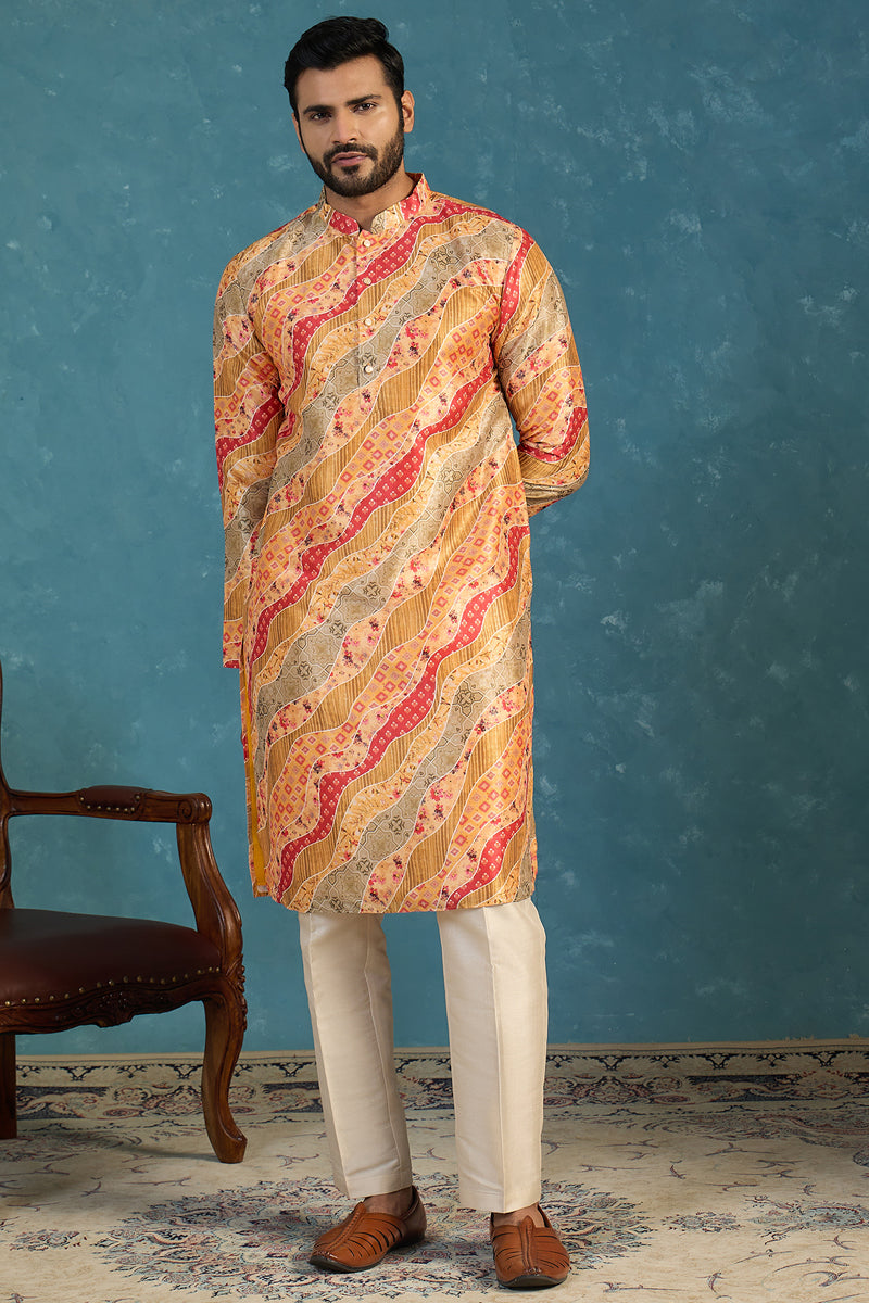 Yellow Silk Blend Printed Straight Kurta With Trousers