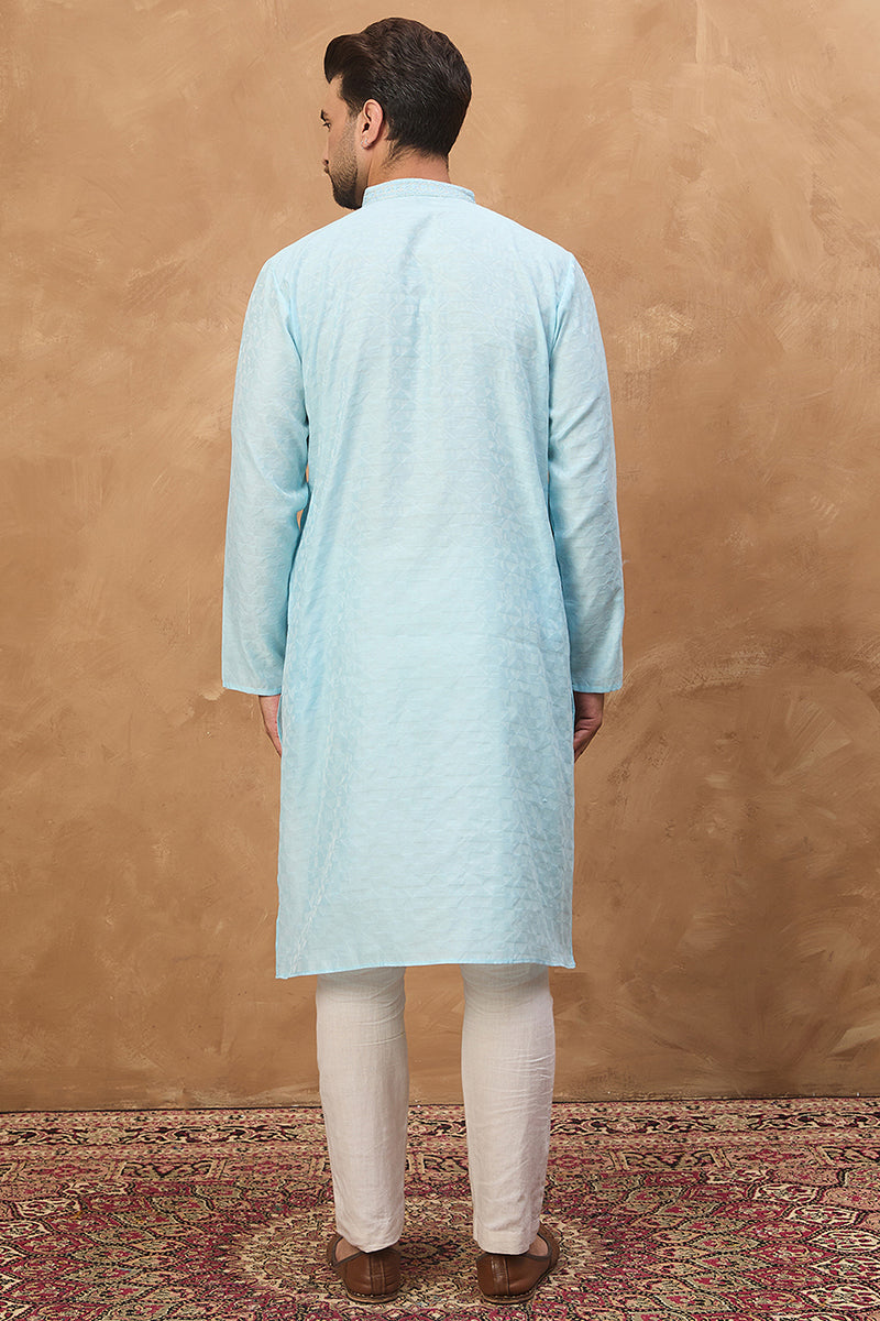 Blue Silk Blend Solid Embroidered Straight Kurta