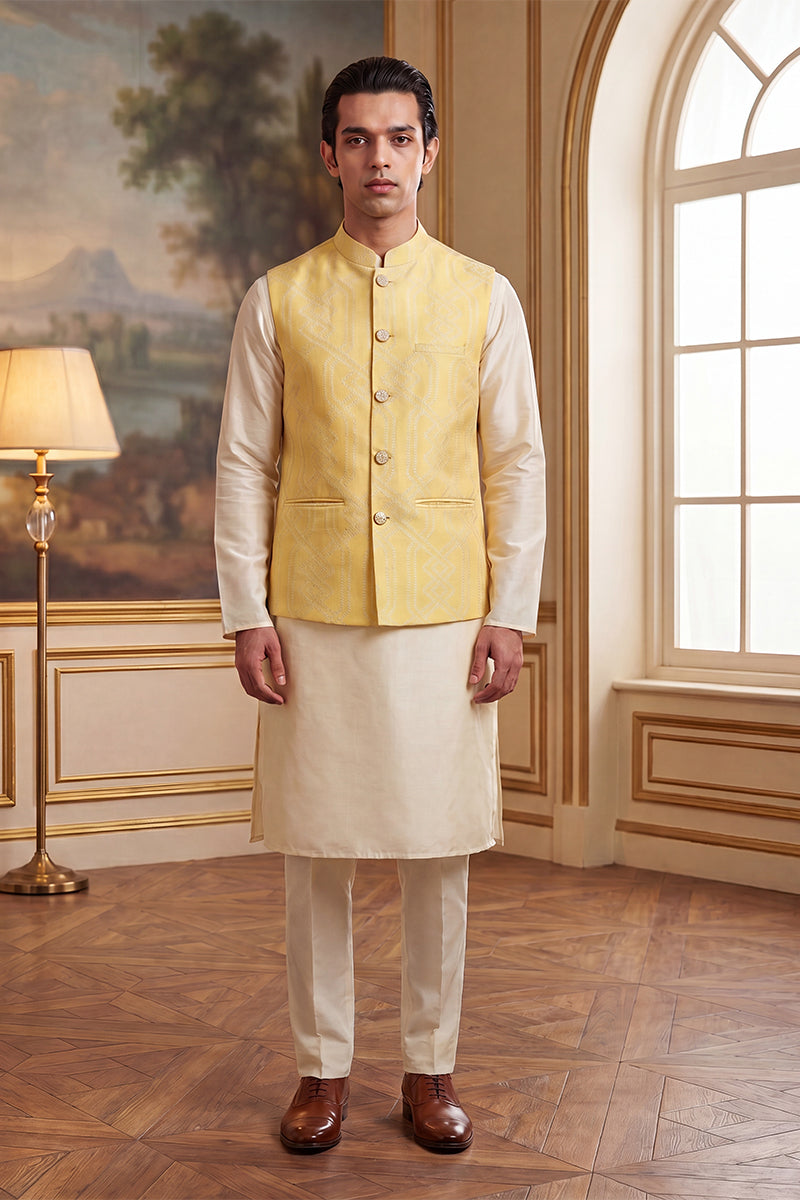 Mens Yellow Jacquard Woven Design Solid Koti