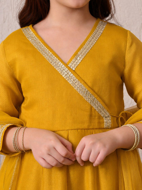 Indi Loom Couture Girls Mustard Yellow Printed Anarkali Kurta with Solid Pants & Dupatta Set ILKSD47