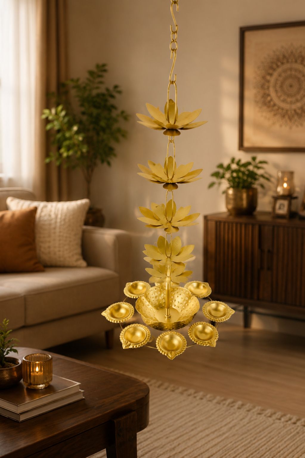 premium hanging lotus urli with 9 diya holders decorative metal hanging urli for floating flowers candles water decor traditional hanging diya urli for diwali pooja wedding home decoration