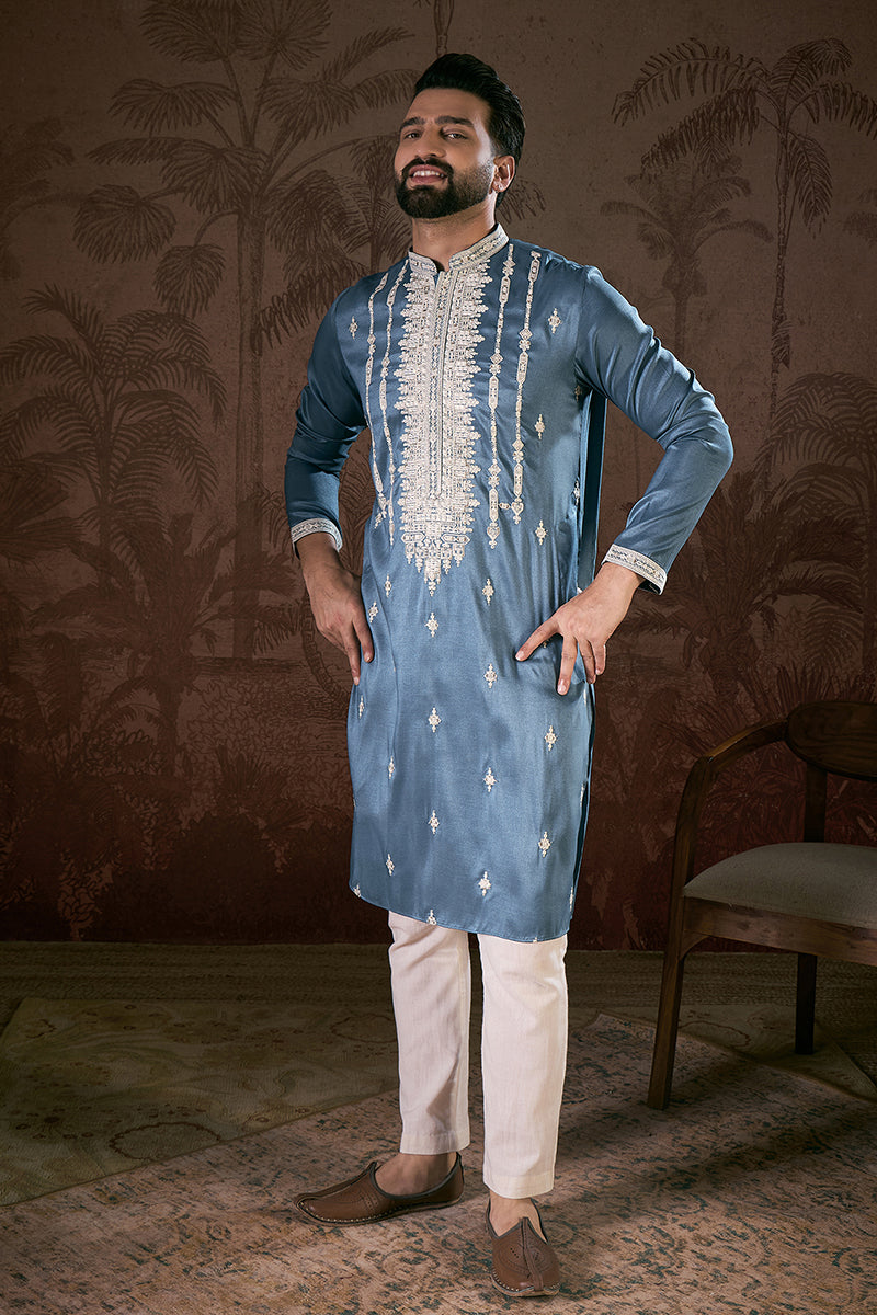 Blue Silk Blend Solid Embroidered Straight Kurta With Trouser