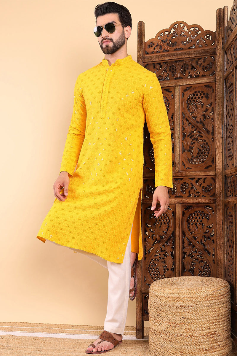 yellow viscose rayon solid embroidered straight kurta for men
