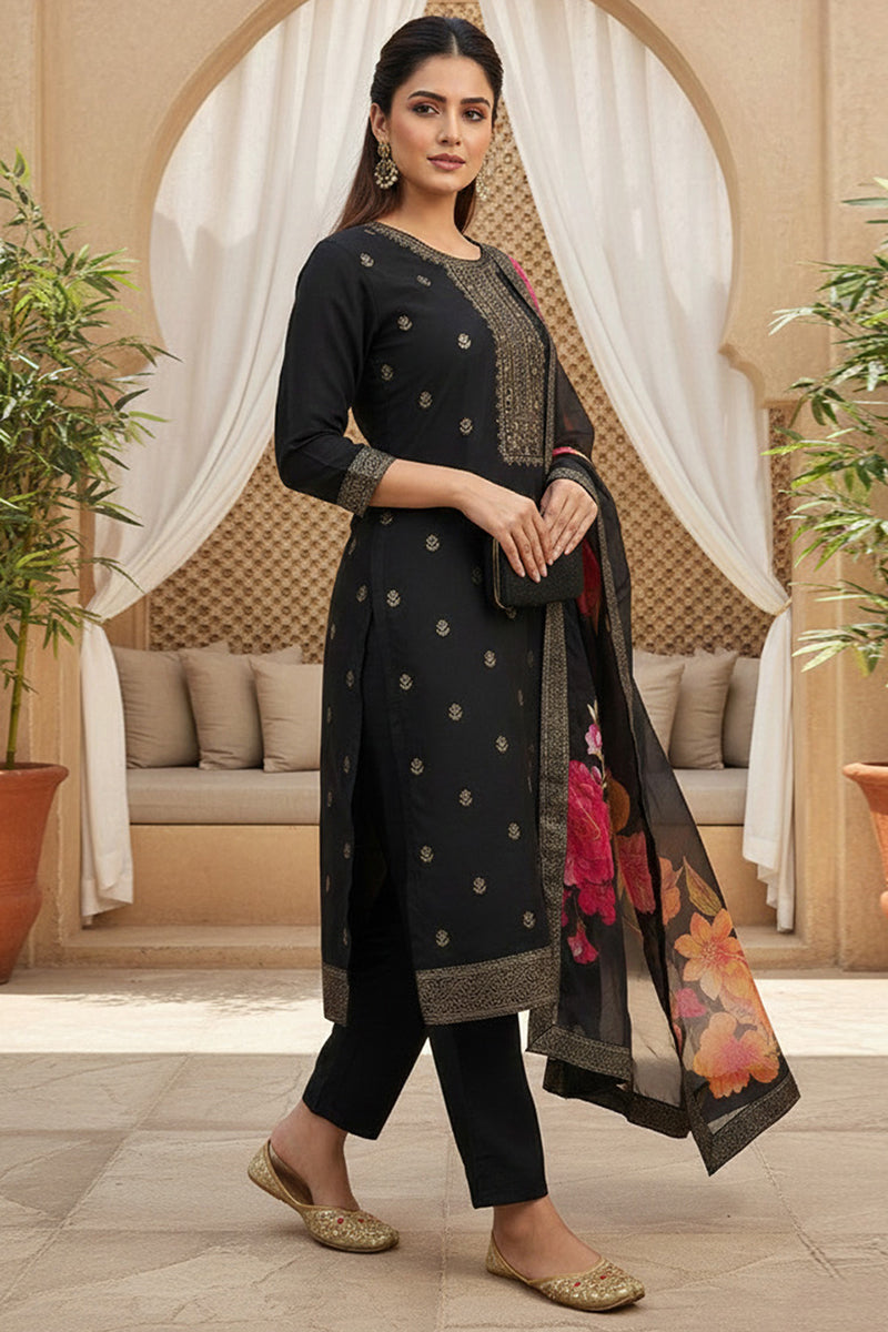 black silk blend ethnic motifs stoning straight kurta trouser with dupatta 