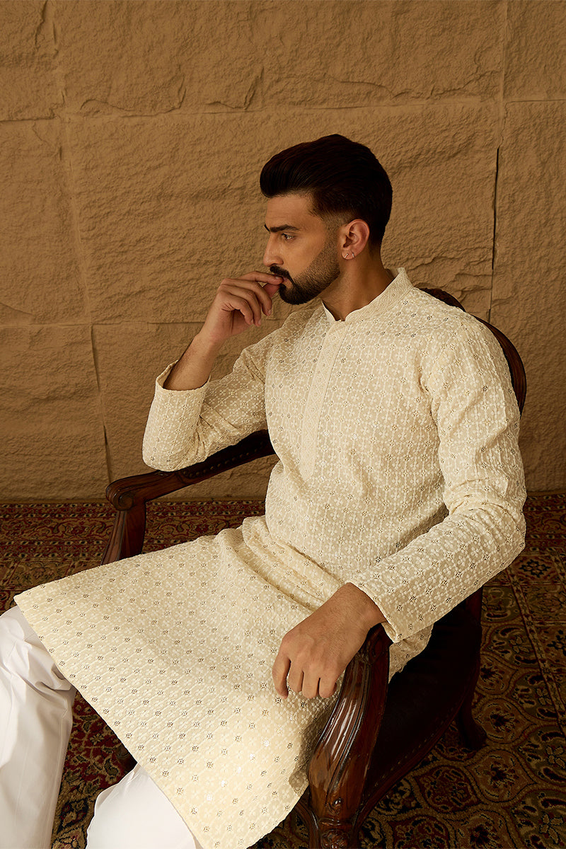 off white cotton solid printed straight kurta with trouser