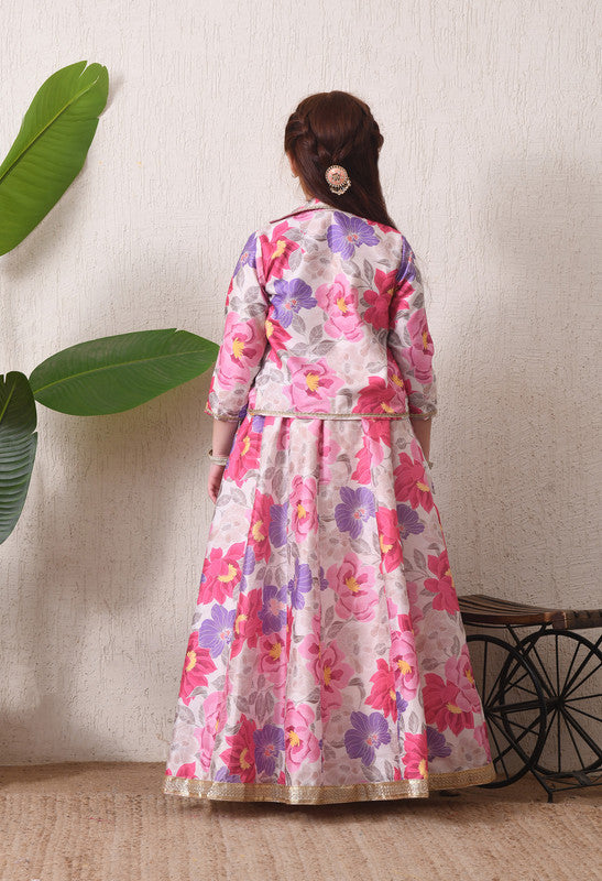 Indi Loom Couture Girls Pink Floral Printed Crop Top with Jacket & Flared Skirt Co Ord Set ILLCJ47