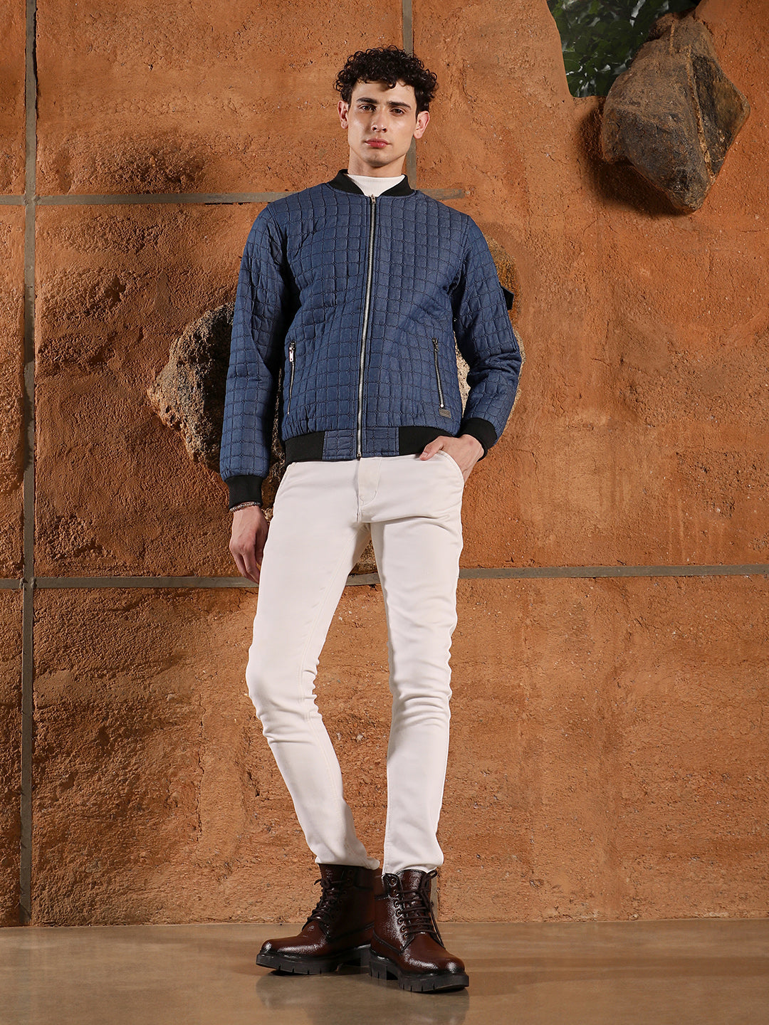 Mens Indigo Blue Cubic Quilted Bomber Jacket