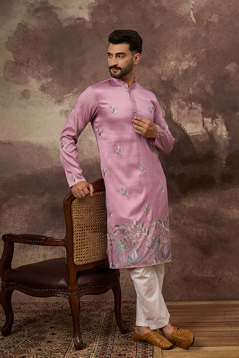 pink silk blend solid embroidered straight kurta with trouser