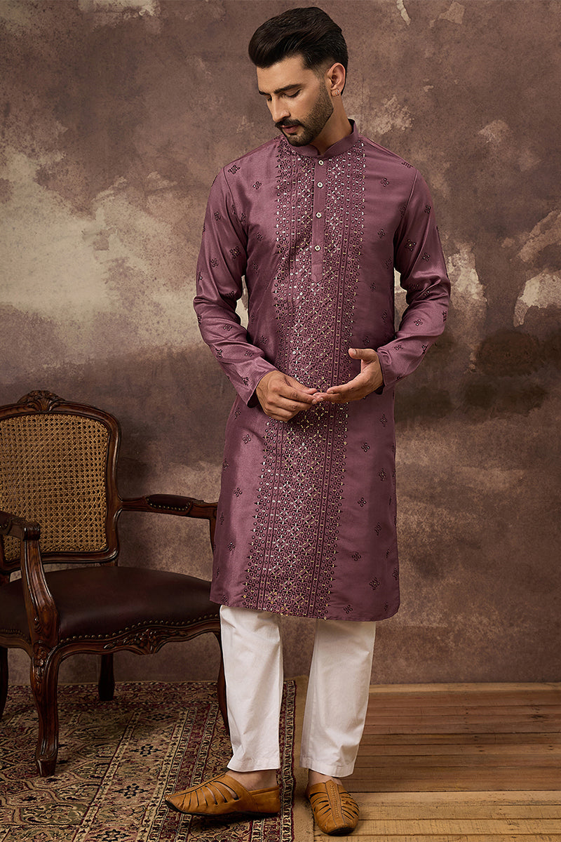 Mavue Silk Blend Solid Embroidered Straight Kurta with Trouser