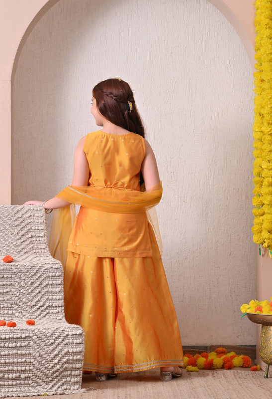 Indi Loom Couture Girls Mustard Embellished Kurta with Sharara & Dupatta Set ILKSD52