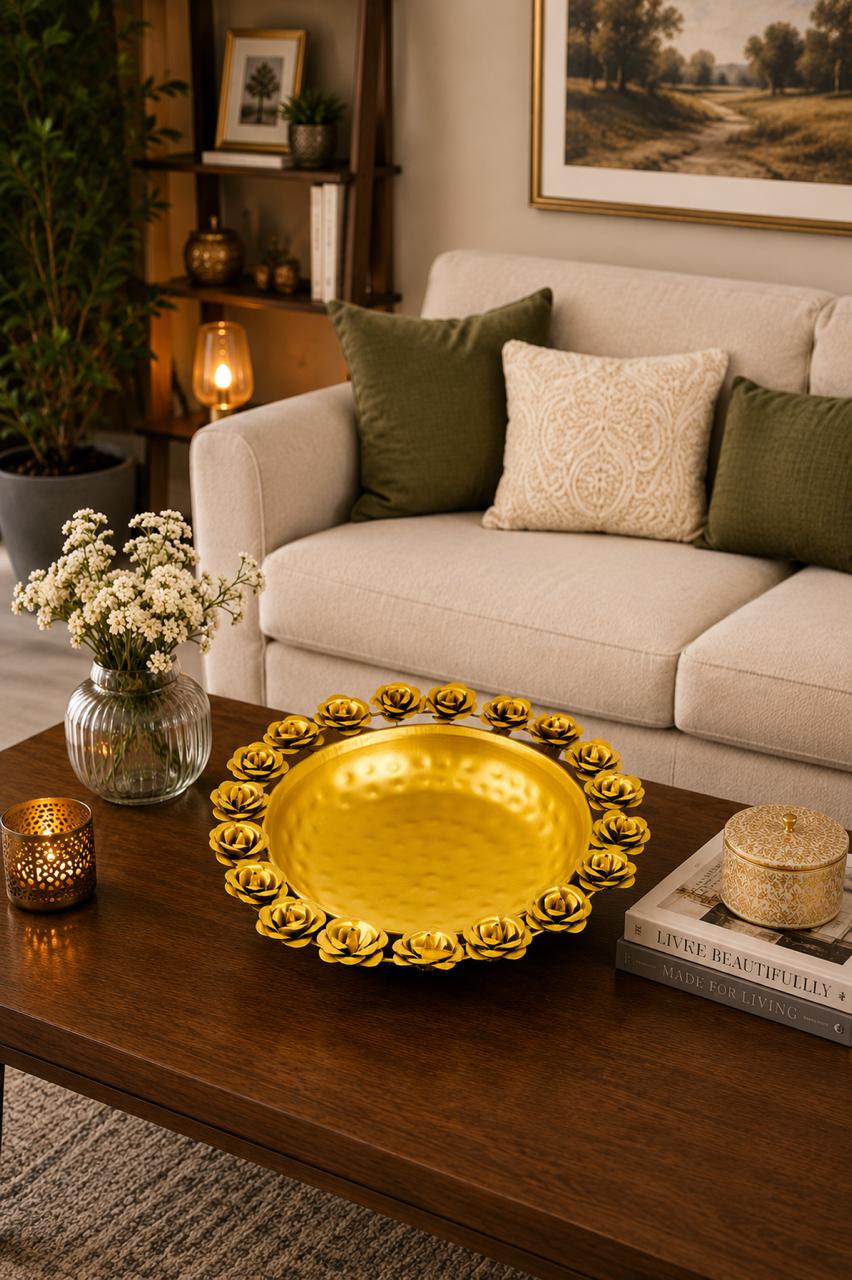 premium metal urli bowl with rose diya holders decorative floating flower urli for water candles tea lights traditional pooja urli for diwali home decor wedding festive decoration