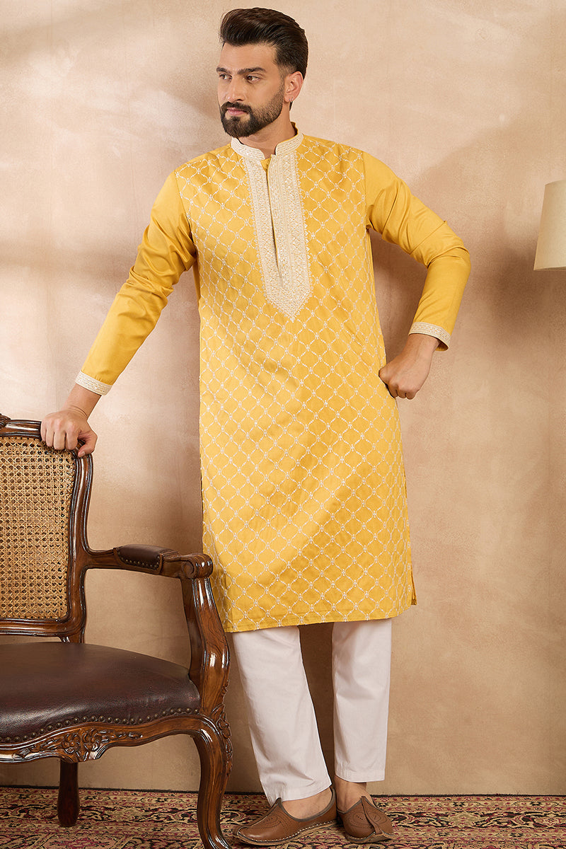 Yellow Silk Blend Solid Embroidered Straight Kurta With Trouser